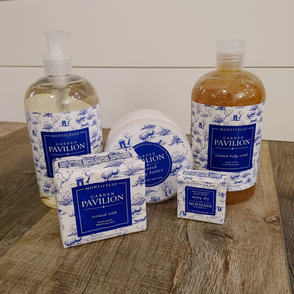 Gift Set Monticello Garden Pavilion 5pc Bath Body Soap Scrub Butter Lip Balm New